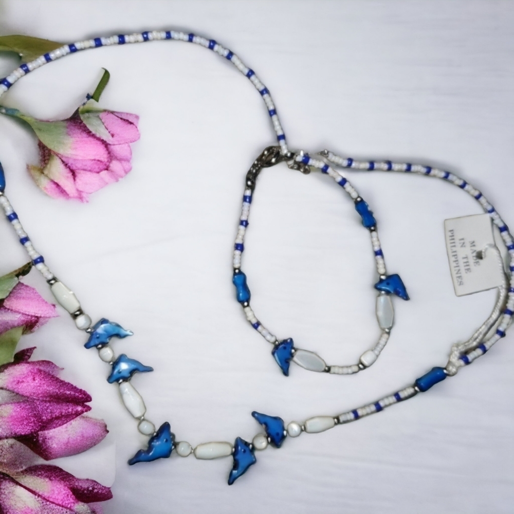 Dolphin White and Blue Necklace and Bracelet